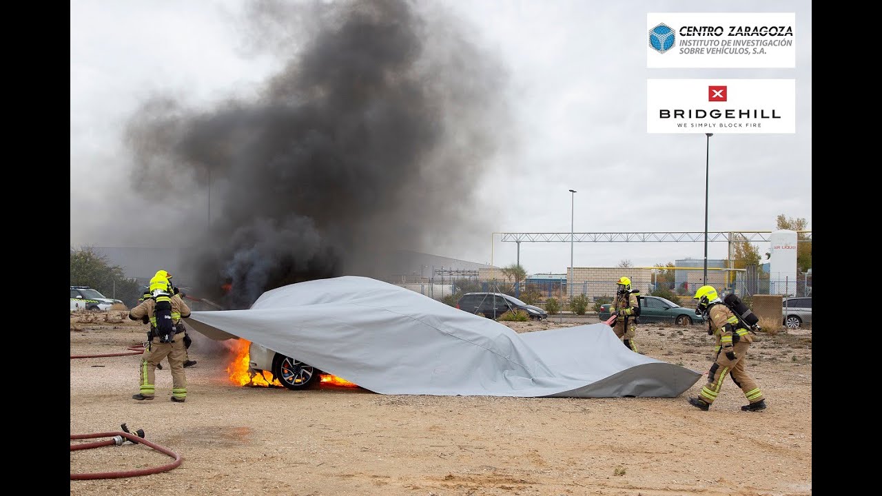 Centro Zaragoza ensaya la Fire Blanket de Bridgehill en un #incendio de un #vehículo #eléctrico